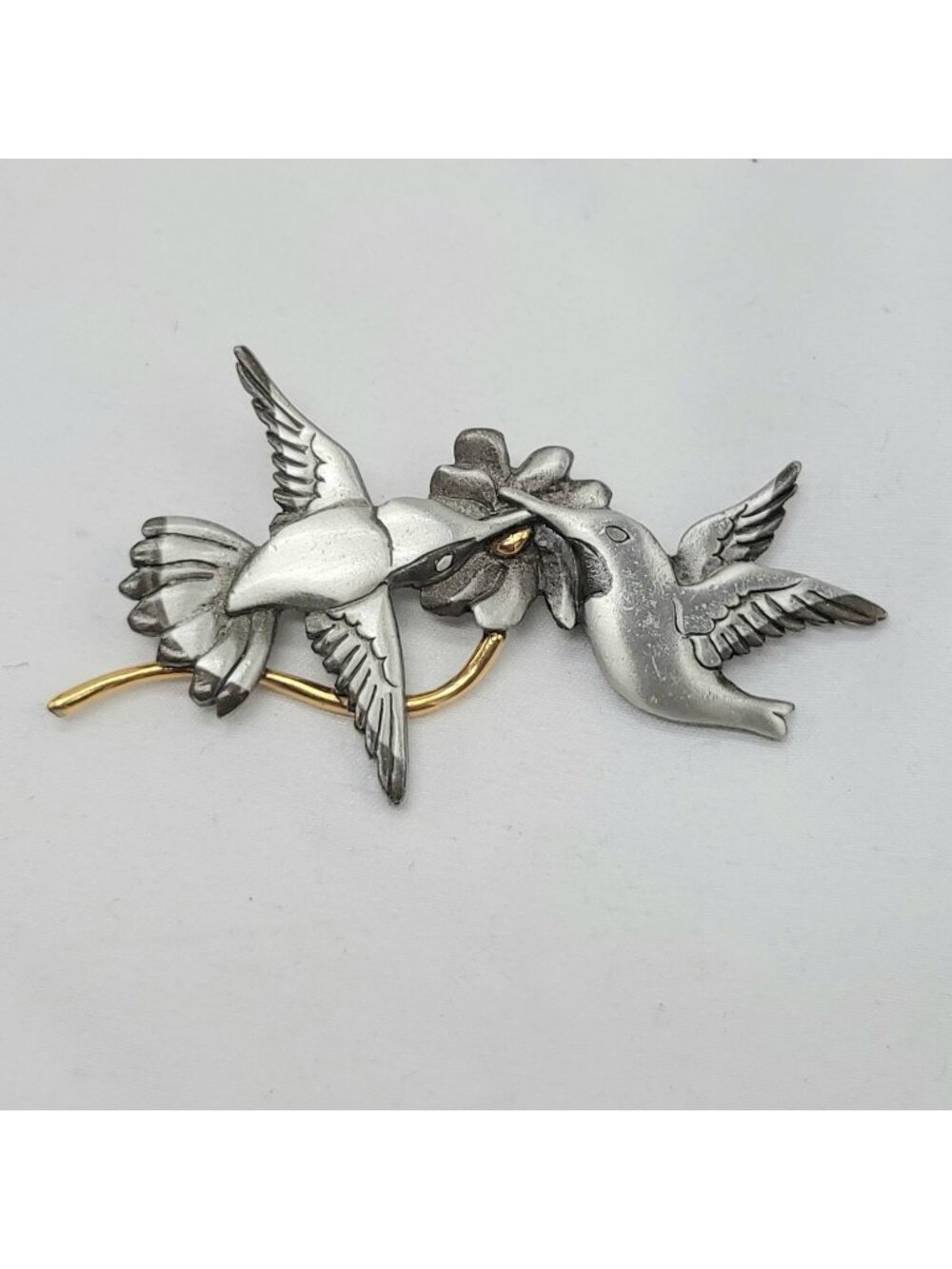 Vtg Hummingbirds Pin Brooch Signed Shields Pewter & Gold Tone Accent Floral